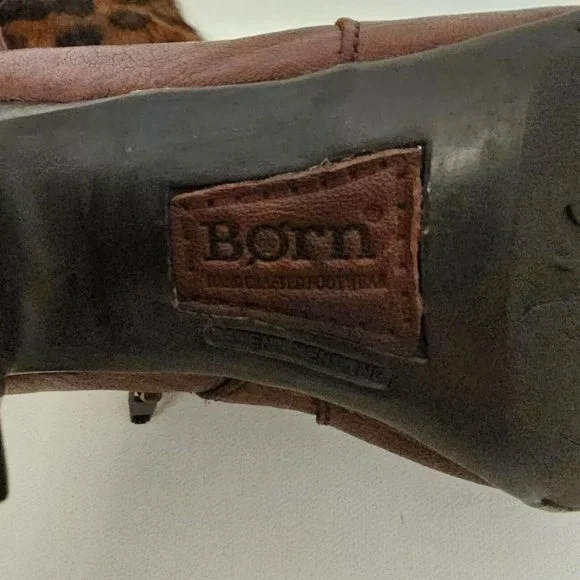 Born Brown Boots Knee High Zip Leopard Print Pony Hair Women Size 9 1/2 - Picture 10 of 16